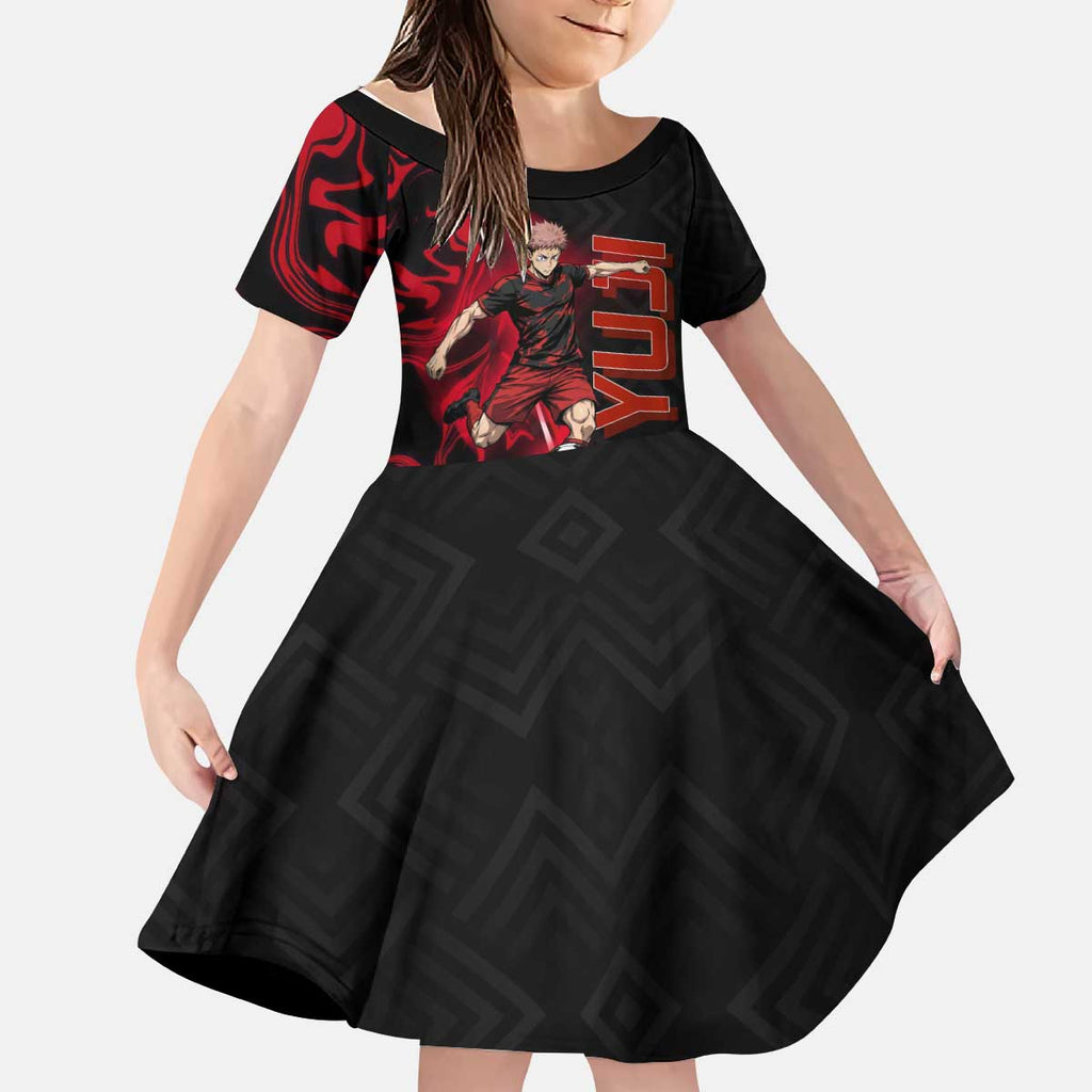 Personalized Yuji Itadori Jujutsu Kaisen Soccer Theme Kid Short Sleeve Dress with Dynamic Kick Pose and Red Black Flame Graphic Design - The Mazicc