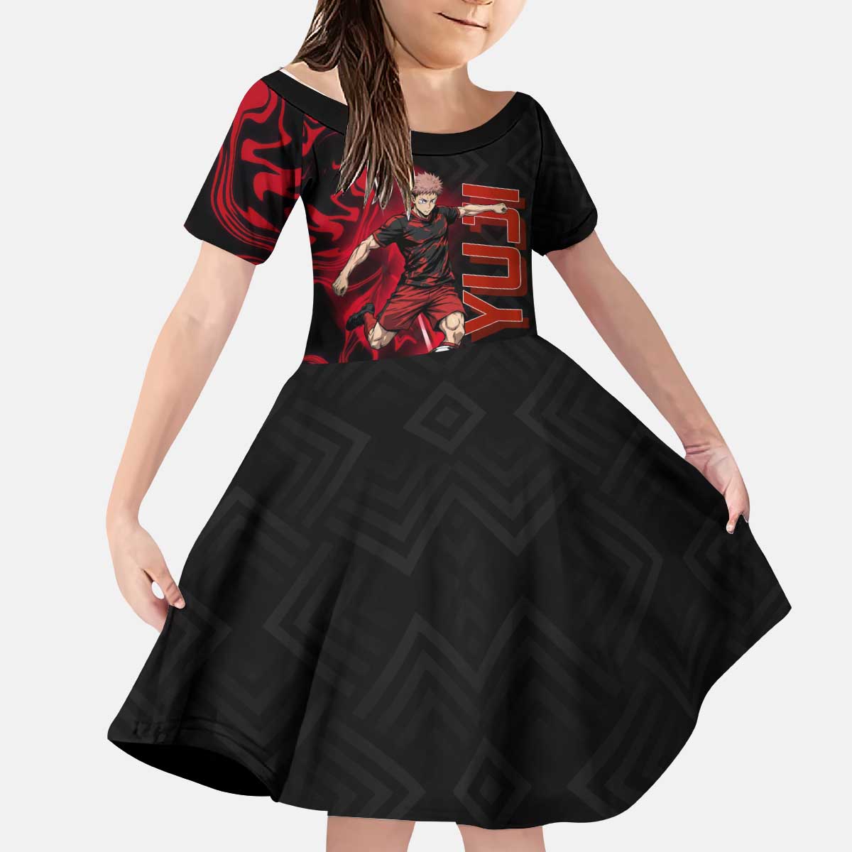 Personalized Yuji Itadori Jujutsu Kaisen Soccer Theme Kid Short Sleeve Dress with Dynamic Kick Pose and Red Black Flame Graphic Design - The Mazicc