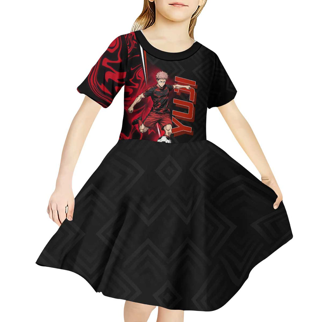 Personalized Yuji Itadori Jujutsu Kaisen Soccer Theme Kid Short Sleeve Dress with Dynamic Kick Pose and Red Black Flame Graphic Design - The Mazicc
