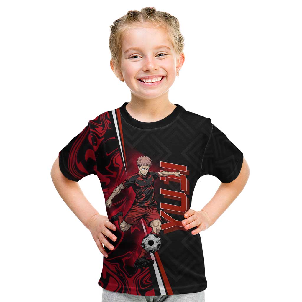 Personalized Yuji Itadori Jujutsu Kaisen Soccer Theme Kid T Shirt with Dynamic Kick Pose and Red Black Flame Graphic Design - The Mazicc