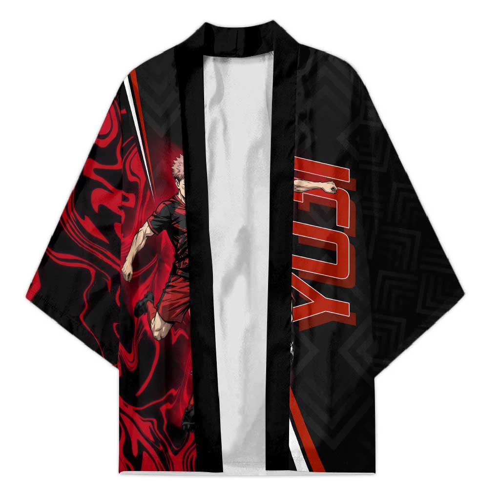 Personalized Yuji Itadori Jujutsu Kaisen Soccer Theme Kimono with Dynamic Kick Pose and Red Black Flame Graphic Design - The Mazicc