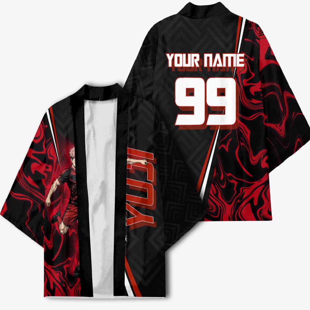Personalized Yuji Itadori Jujutsu Kaisen Soccer Theme Kimono with Dynamic Kick Pose and Red Black Flame Graphic Design - The Mazicc