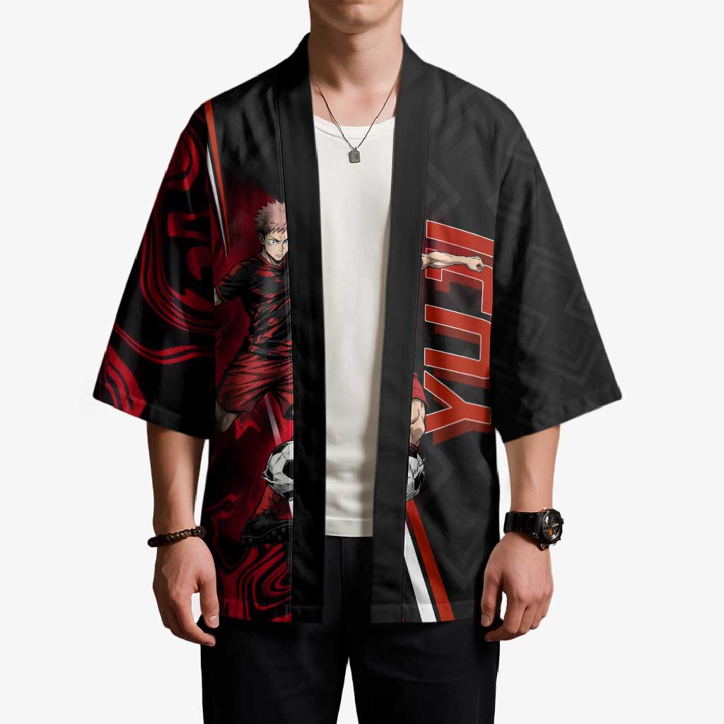 Personalized Yuji Itadori Jujutsu Kaisen Soccer Theme Kimono with Dynamic Kick Pose and Red Black Flame Graphic Design - The Mazicc