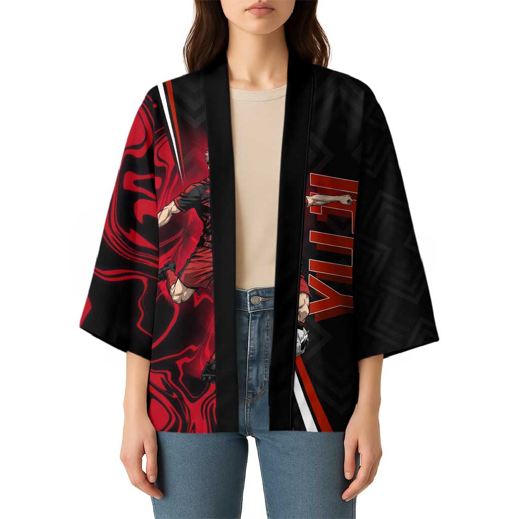 Personalized Yuji Itadori Jujutsu Kaisen Soccer Theme Kimono with Dynamic Kick Pose and Red Black Flame Graphic Design - The Mazicc