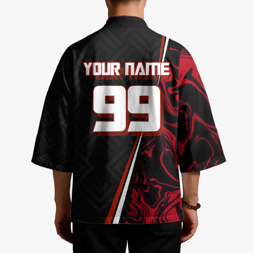 Personalized Yuji Itadori Jujutsu Kaisen Soccer Theme Kimono with Dynamic Kick Pose and Red Black Flame Graphic Design - The Mazicc