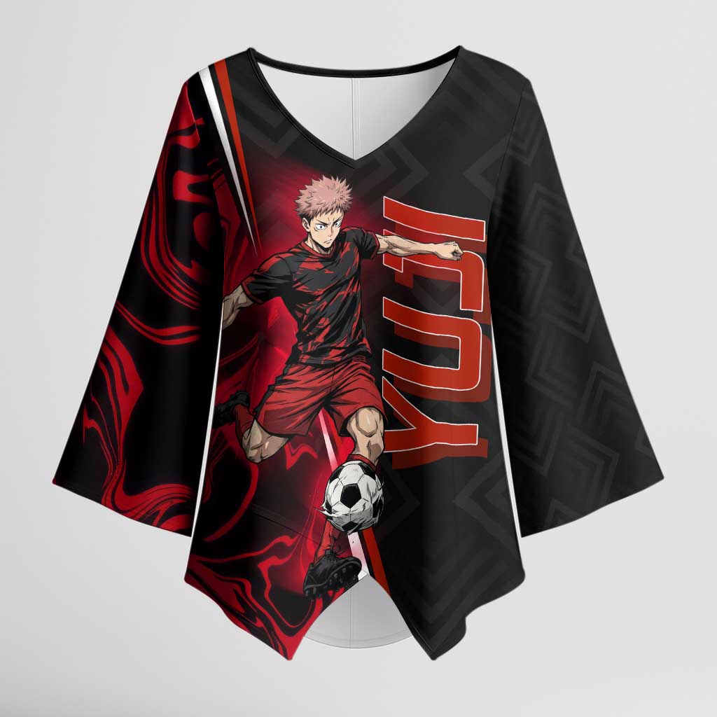Personalized Yuji Itadori Jujutsu Kaisen Soccer Theme Kimono Sleeve Blouse with Dynamic Kick Pose and Red Black Flame Graphic Design - The Mazicc