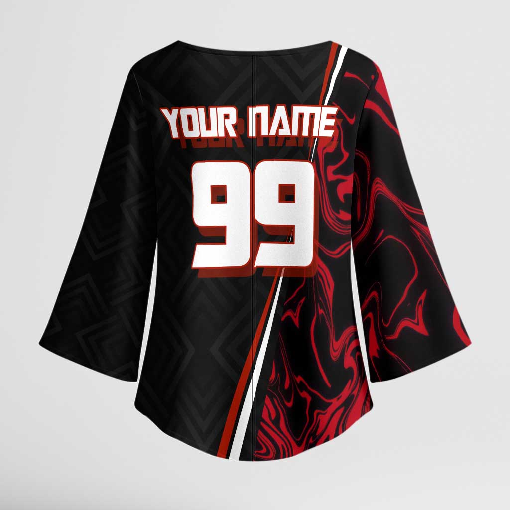 Personalized Yuji Itadori Jujutsu Kaisen Soccer Theme Kimono Sleeve Blouse with Dynamic Kick Pose and Red Black Flame Graphic Design - The Mazicc