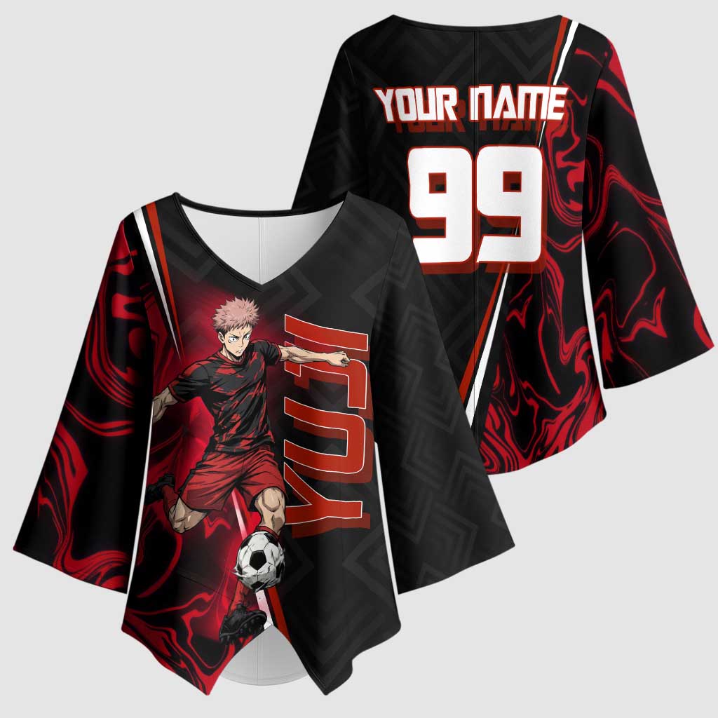 Personalized Yuji Itadori Jujutsu Kaisen Soccer Theme Kimono Sleeve Blouse with Dynamic Kick Pose and Red Black Flame Graphic Design - The Mazicc