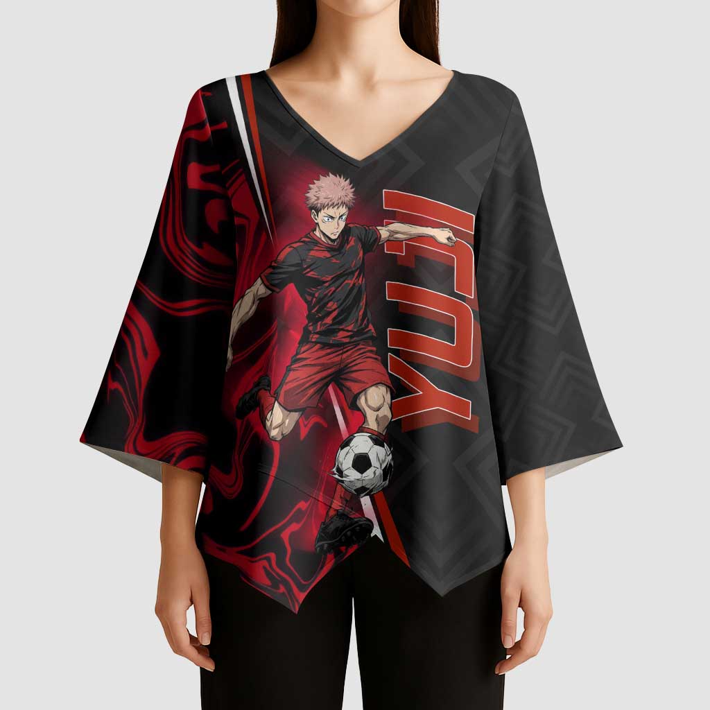 Personalized Yuji Itadori Jujutsu Kaisen Soccer Theme Kimono Sleeve Blouse with Dynamic Kick Pose and Red Black Flame Graphic Design - The Mazicc
