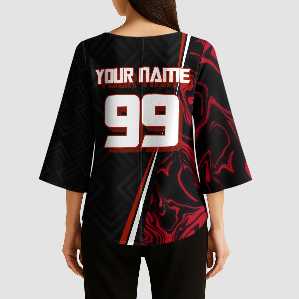 Personalized Yuji Itadori Jujutsu Kaisen Soccer Theme Kimono Sleeve Blouse with Dynamic Kick Pose and Red Black Flame Graphic Design - The Mazicc