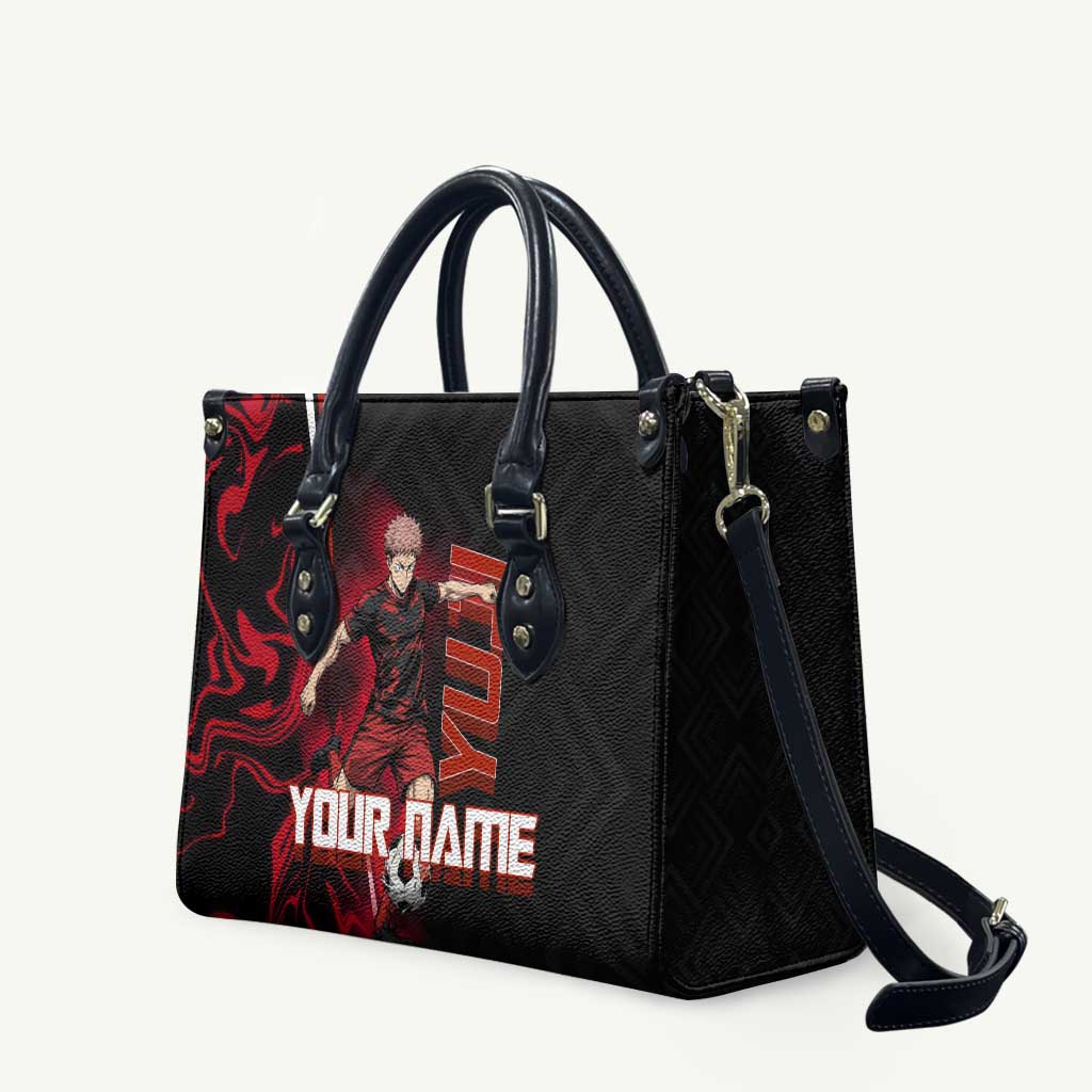 Personalized Yuji Itadori Jujutsu Kaisen Soccer Theme Leather Bag with Dynamic Kick Pose and Red Black Flame Graphic Design - The Mazicc