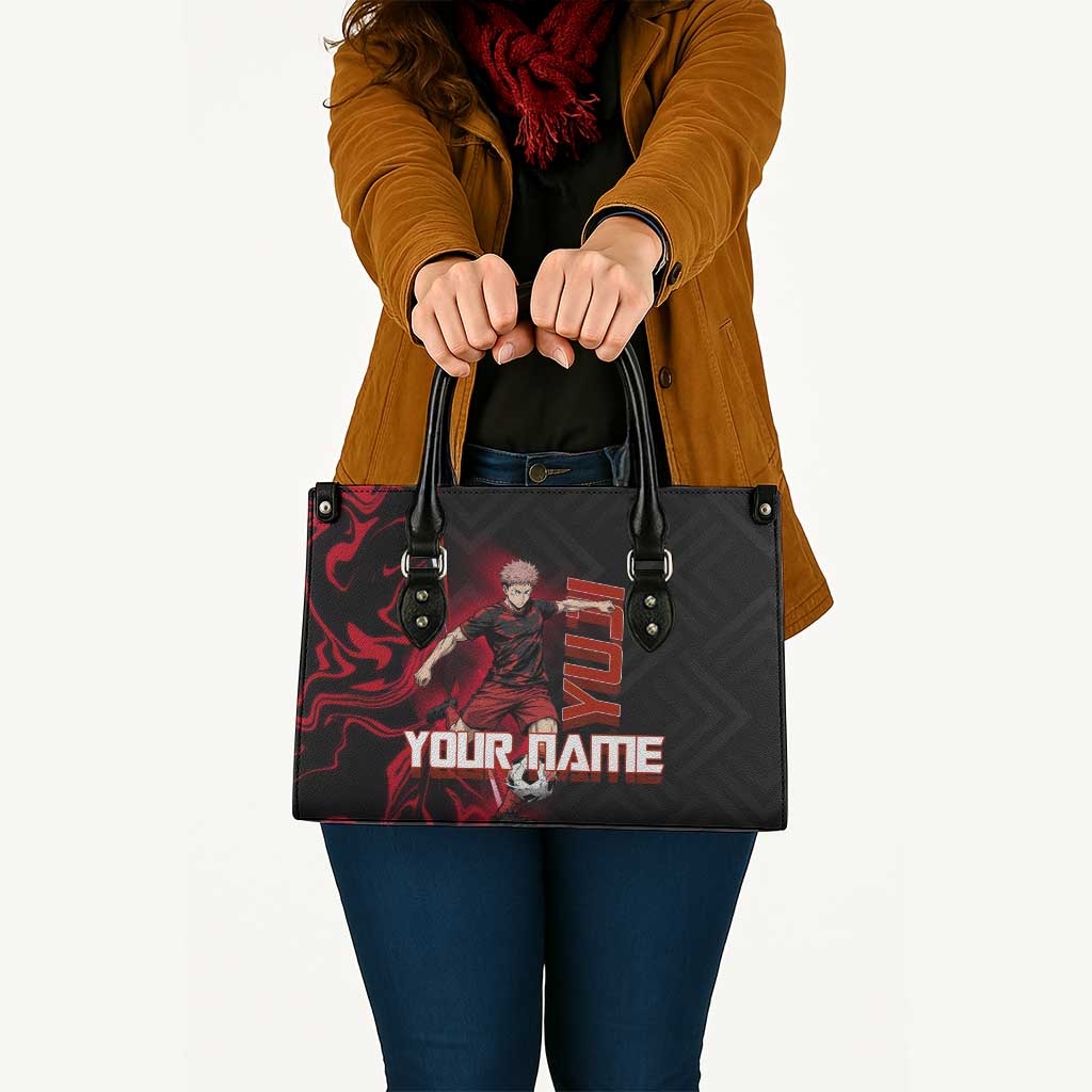 Personalized Yuji Itadori Jujutsu Kaisen Soccer Theme Leather Bag with Dynamic Kick Pose and Red Black Flame Graphic Design - The Mazicc