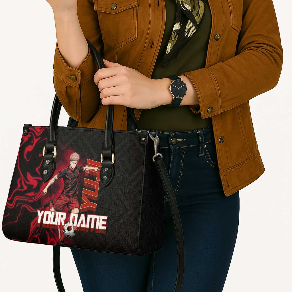 Personalized Yuji Itadori Jujutsu Kaisen Soccer Theme Leather Bag with Dynamic Kick Pose and Red Black Flame Graphic Design - The Mazicc