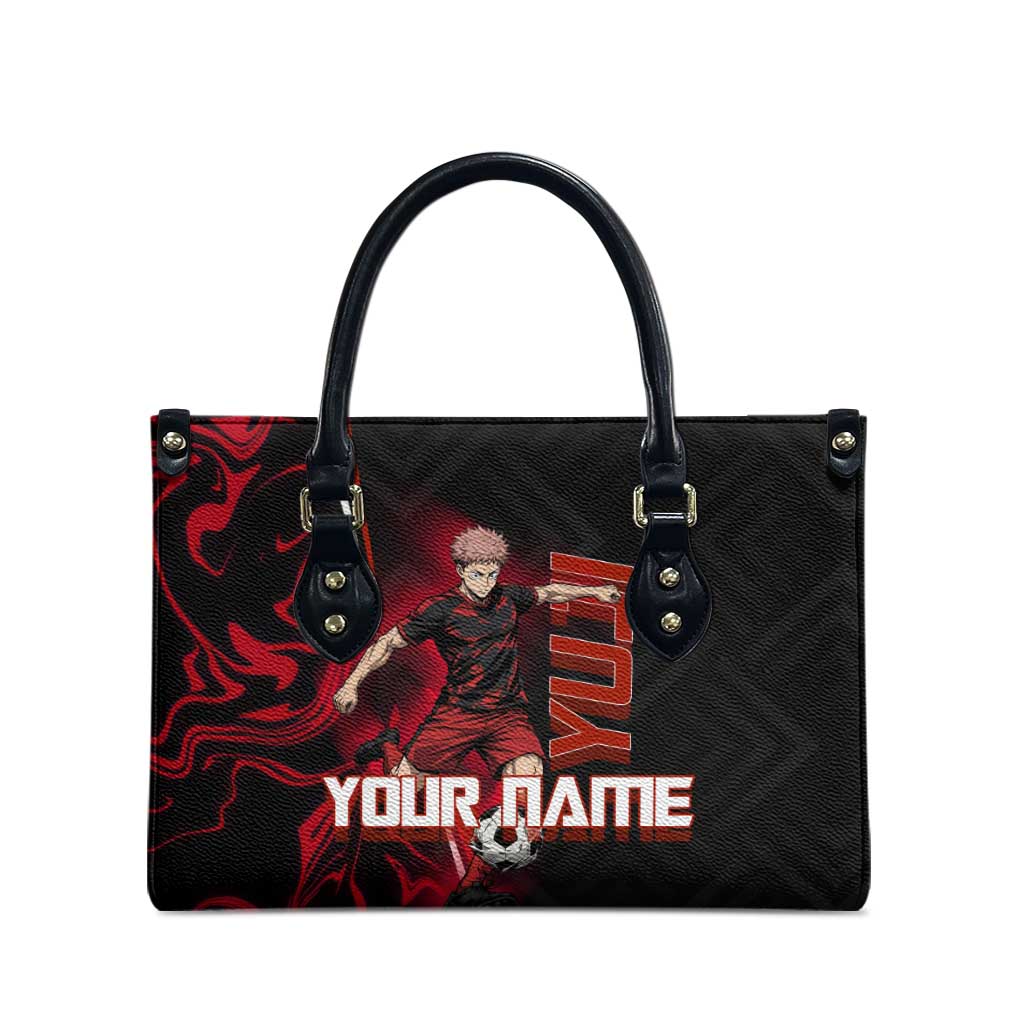 Personalized Yuji Itadori Jujutsu Kaisen Soccer Theme Leather Bag with Dynamic Kick Pose and Red Black Flame Graphic Design - The Mazicc