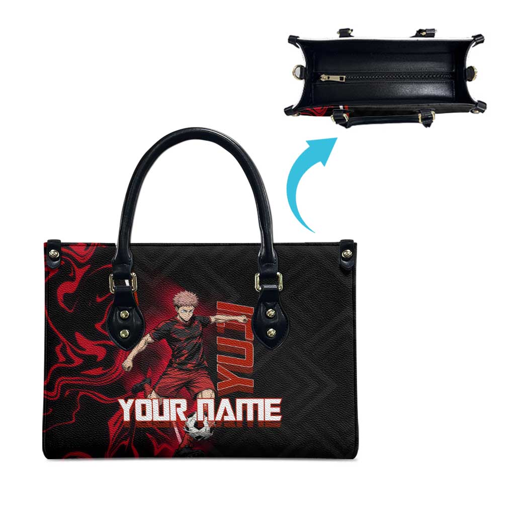 Personalized Yuji Itadori Jujutsu Kaisen Soccer Theme Leather Bag with Dynamic Kick Pose and Red Black Flame Graphic Design - The Mazicc