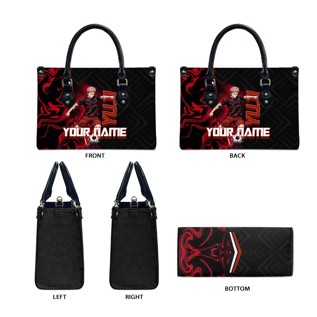 Personalized Yuji Itadori Jujutsu Kaisen Soccer Theme Leather Bag with Dynamic Kick Pose and Red Black Flame Graphic Design - The Mazicc