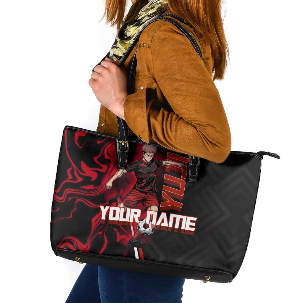 Personalized Yuji Itadori Jujutsu Kaisen Soccer Theme Leather Tote Bag with Dynamic Kick Pose and Red Black Flame Graphic Design - The Mazicc