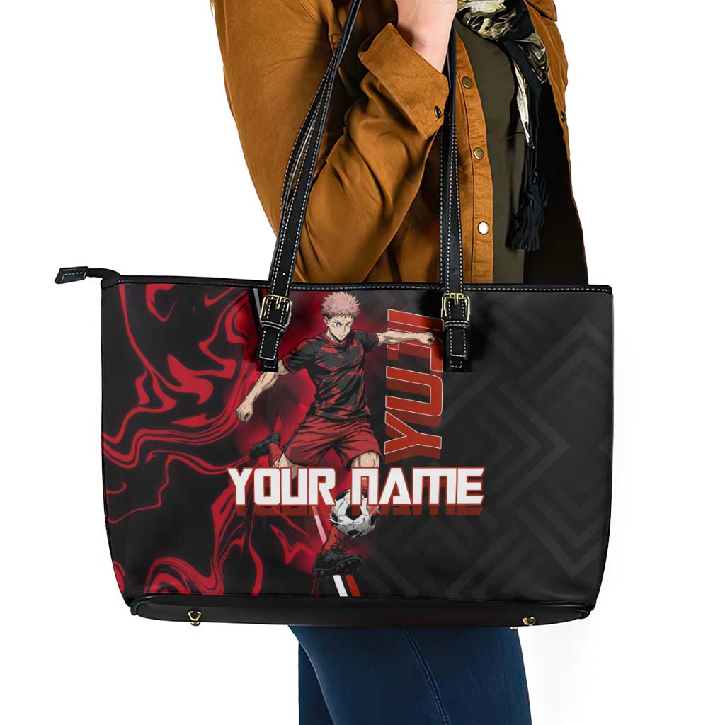 Personalized Yuji Itadori Jujutsu Kaisen Soccer Theme Leather Tote Bag with Dynamic Kick Pose and Red Black Flame Graphic Design - The Mazicc