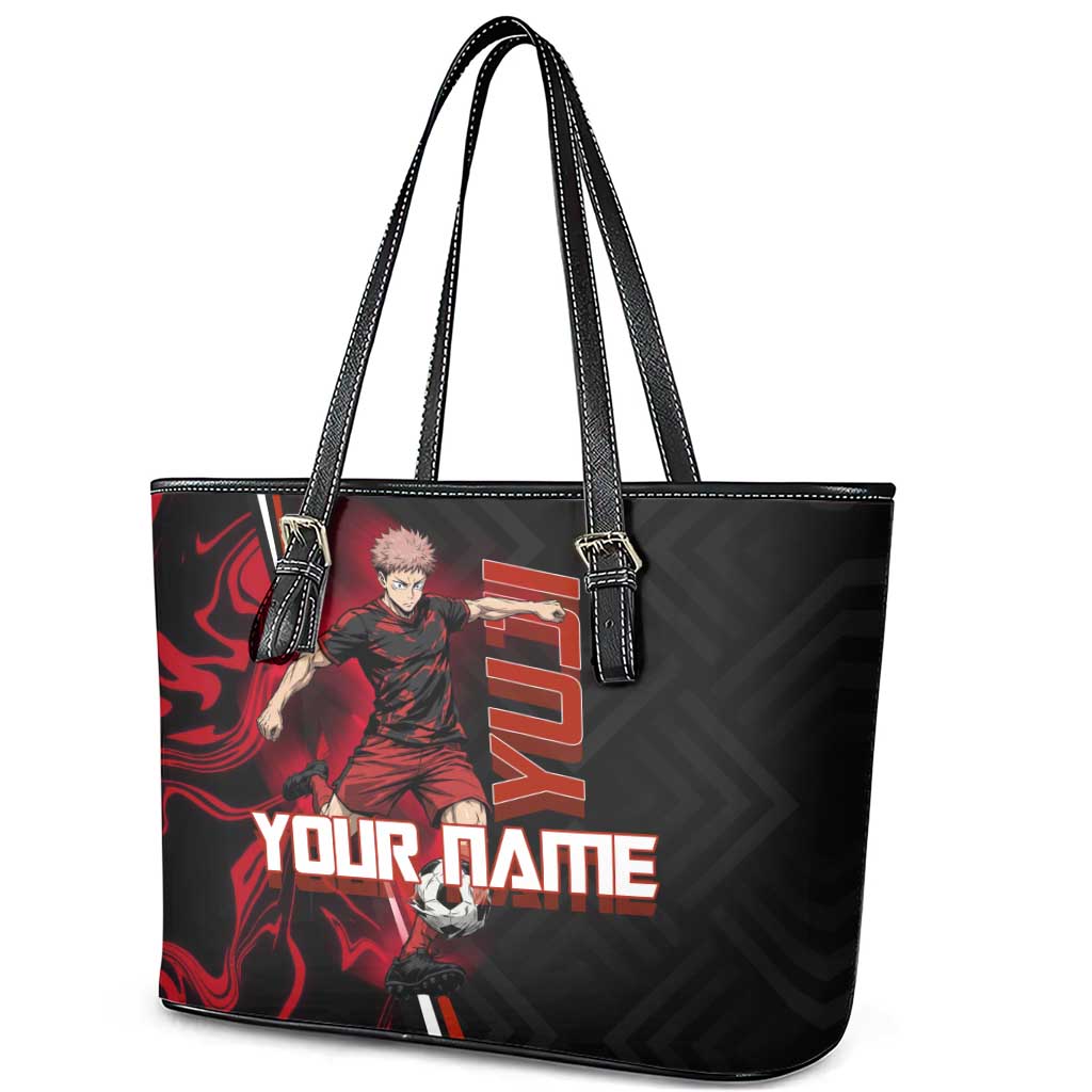 Personalized Yuji Itadori Jujutsu Kaisen Soccer Theme Leather Tote Bag with Dynamic Kick Pose and Red Black Flame Graphic Design - The Mazicc