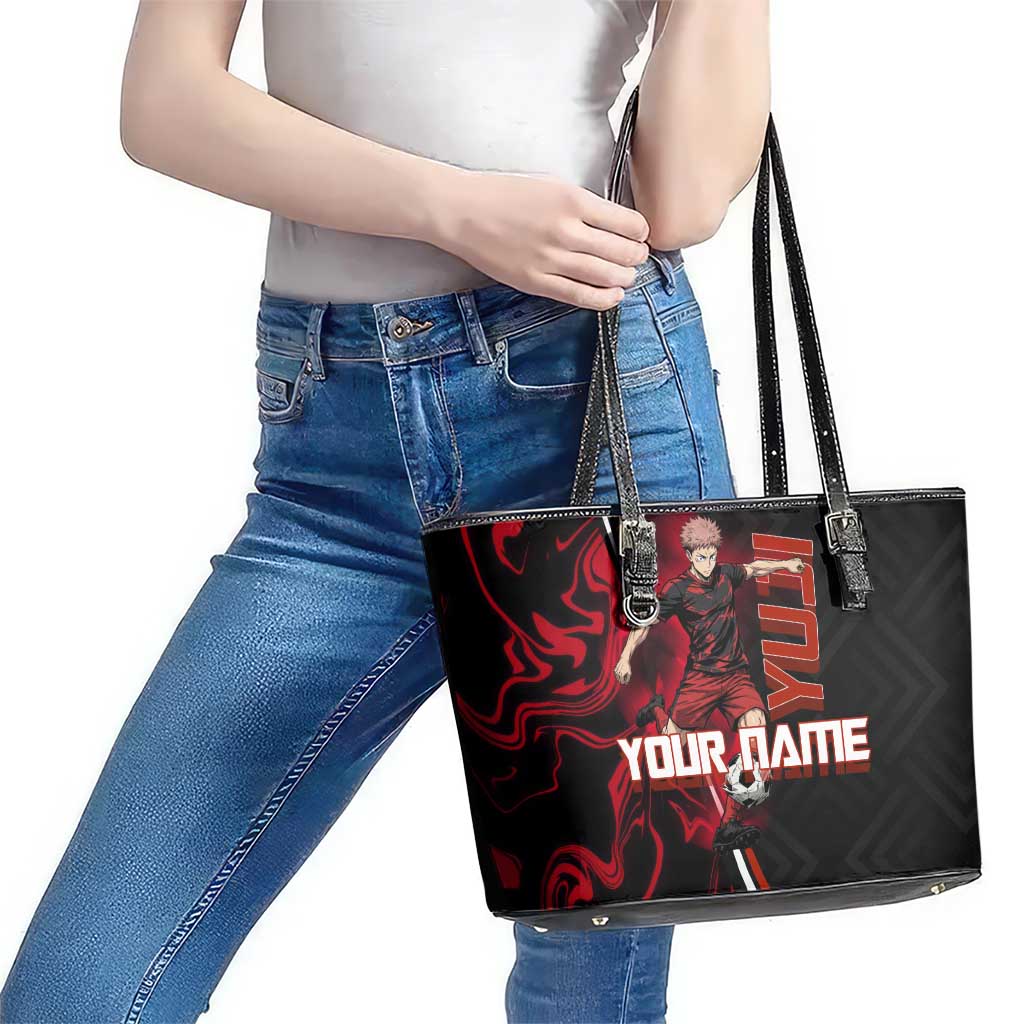 Personalized Yuji Itadori Jujutsu Kaisen Soccer Theme Leather Tote Bag with Dynamic Kick Pose and Red Black Flame Graphic Design - The Mazicc