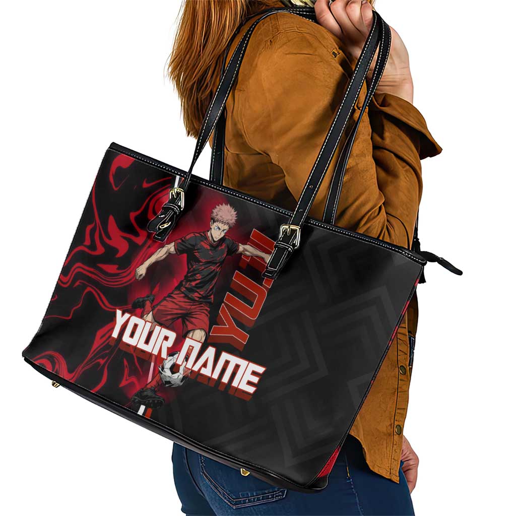 Personalized Yuji Itadori Jujutsu Kaisen Soccer Theme Leather Tote Bag with Dynamic Kick Pose and Red Black Flame Graphic Design - The Mazicc