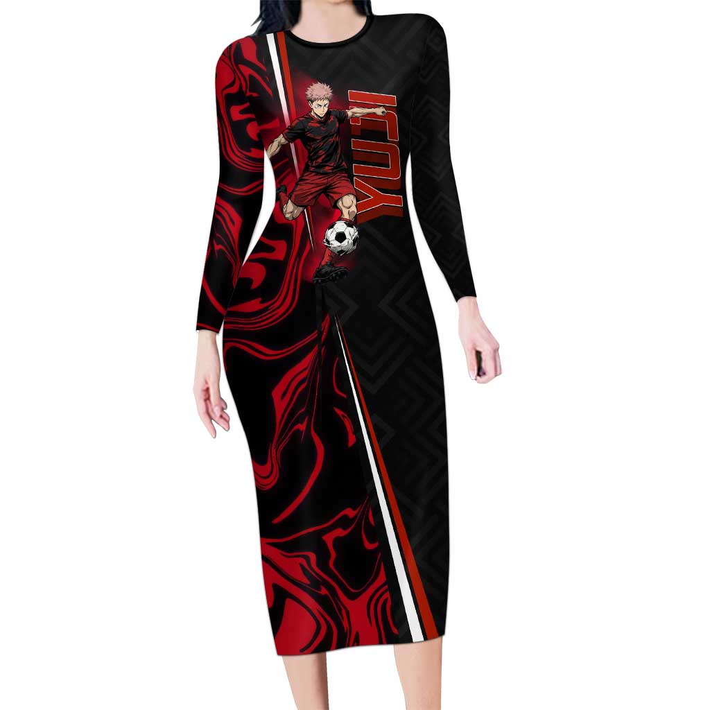 Personalized Yuji Itadori Jujutsu Kaisen Soccer Theme Long Sleeve Bodycon Dress with Dynamic Kick Pose and Red Black Flame Graphic Design - The Mazicc