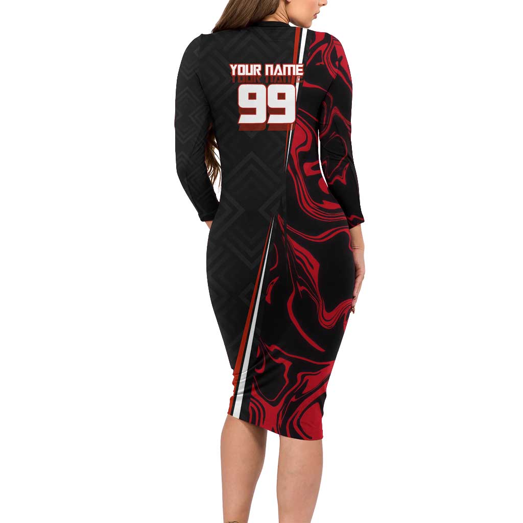 Personalized Yuji Itadori Jujutsu Kaisen Soccer Theme Long Sleeve Bodycon Dress with Dynamic Kick Pose and Red Black Flame Graphic Design - The Mazicc