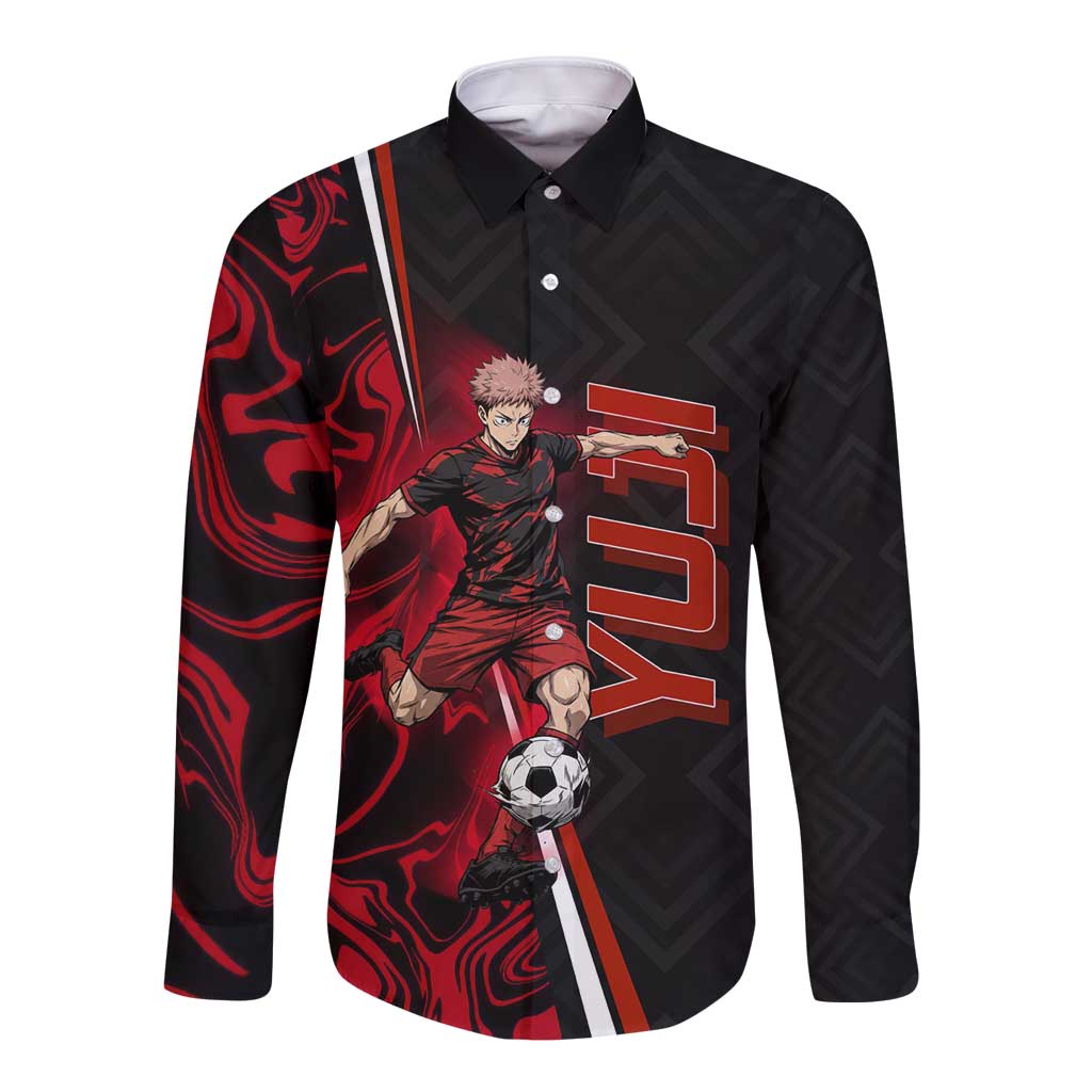 Personalized Yuji Itadori Jujutsu Kaisen Soccer Theme Long Sleeve Button Shirt with Dynamic Kick Pose and Red Black Flame Graphic Design - The Mazicc