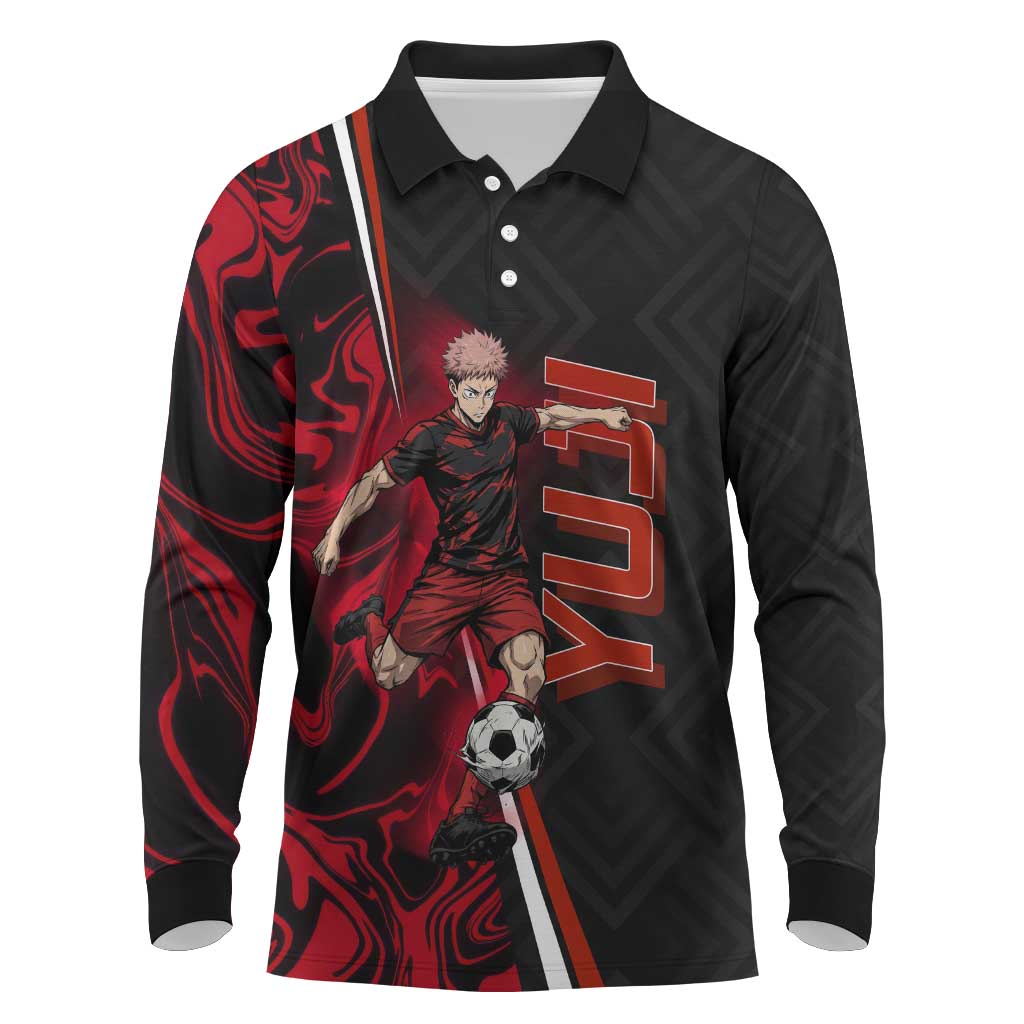 Personalized Yuji Itadori Jujutsu Kaisen Soccer Theme Long Sleeve Polo Shirt with Dynamic Kick Pose and Red Black Flame Graphic Design - The Mazicc