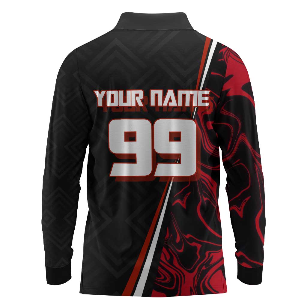 Personalized Yuji Itadori Jujutsu Kaisen Soccer Theme Long Sleeve Polo Shirt with Dynamic Kick Pose and Red Black Flame Graphic Design - The Mazicc