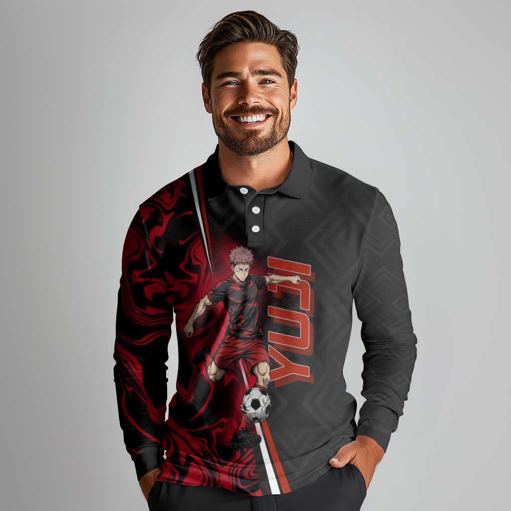 Personalized Yuji Itadori Jujutsu Kaisen Soccer Theme Long Sleeve Polo Shirt with Dynamic Kick Pose and Red Black Flame Graphic Design - The Mazicc