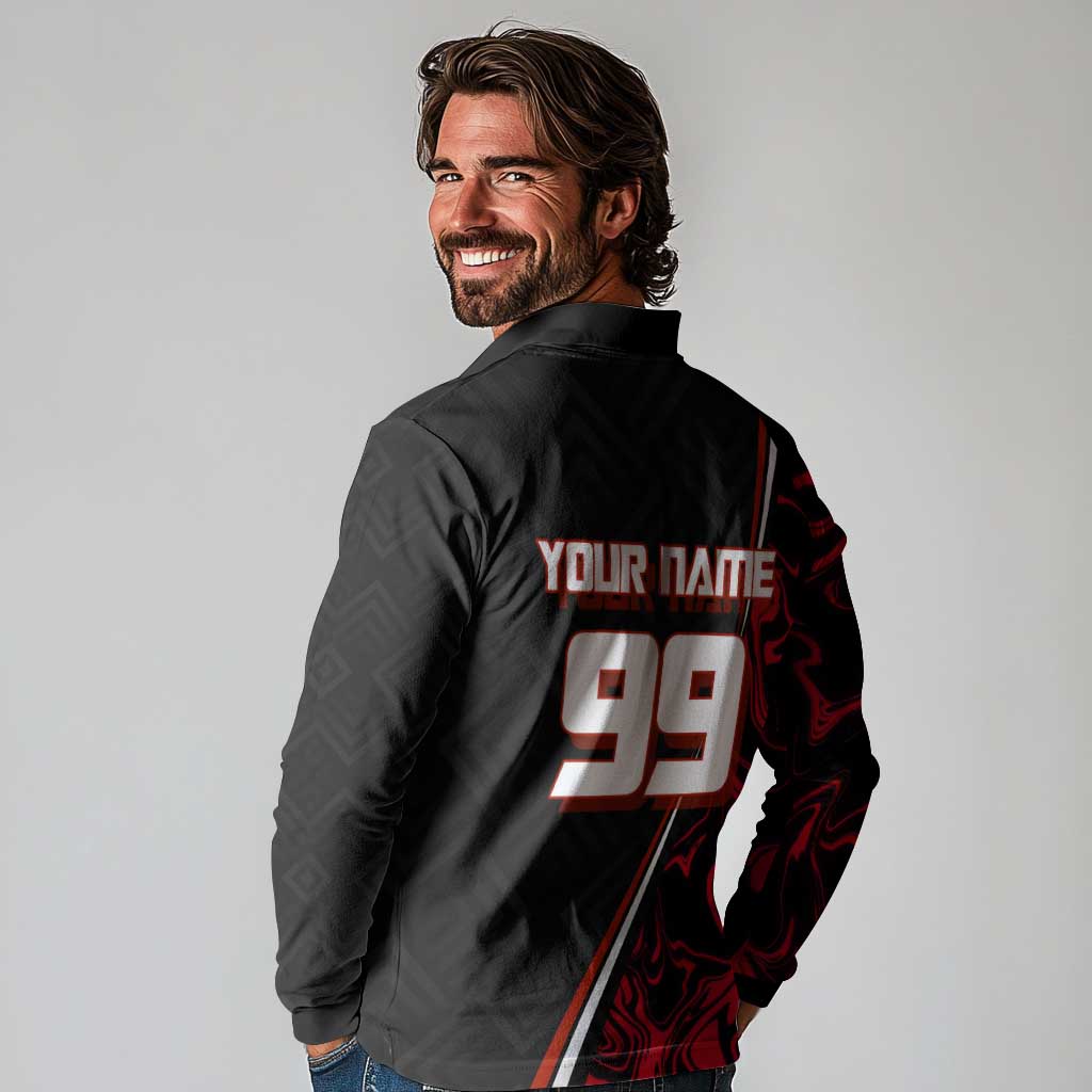 Personalized Yuji Itadori Jujutsu Kaisen Soccer Theme Long Sleeve Polo Shirt with Dynamic Kick Pose and Red Black Flame Graphic Design - The Mazicc