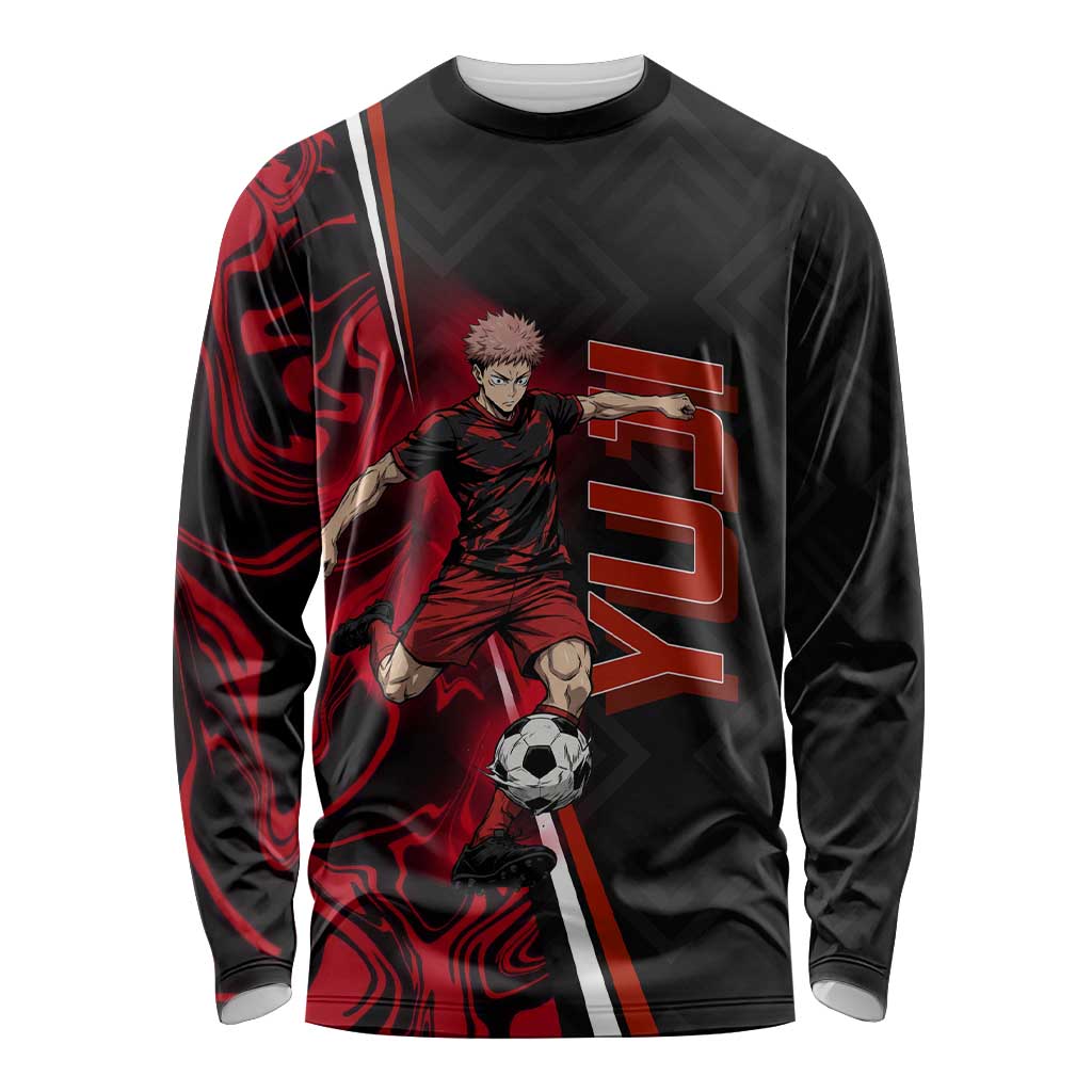 Personalized Yuji Itadori Jujutsu Kaisen Soccer Theme Long Sleeve Shirt with Dynamic Kick Pose and Red Black Flame Graphic Design - The Mazicc