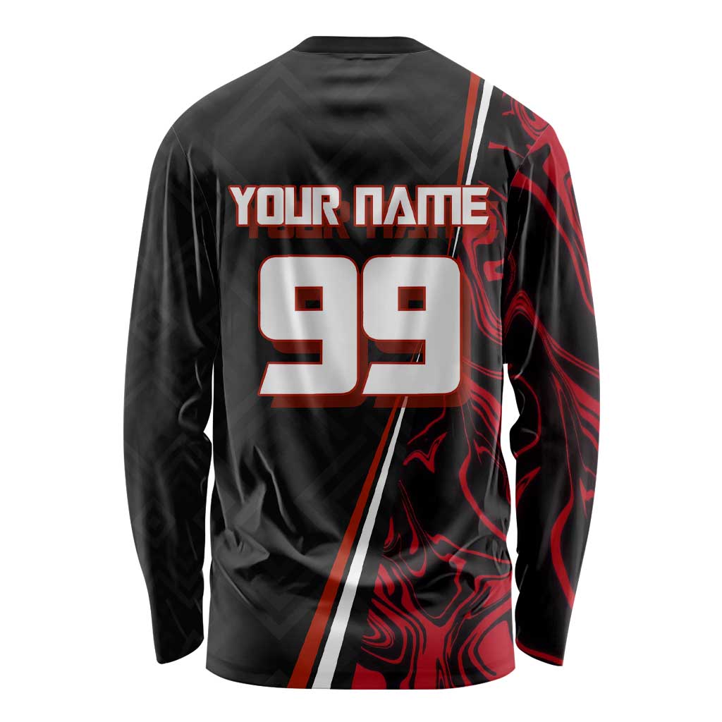 Personalized Yuji Itadori Jujutsu Kaisen Soccer Theme Long Sleeve Shirt with Dynamic Kick Pose and Red Black Flame Graphic Design - The Mazicc