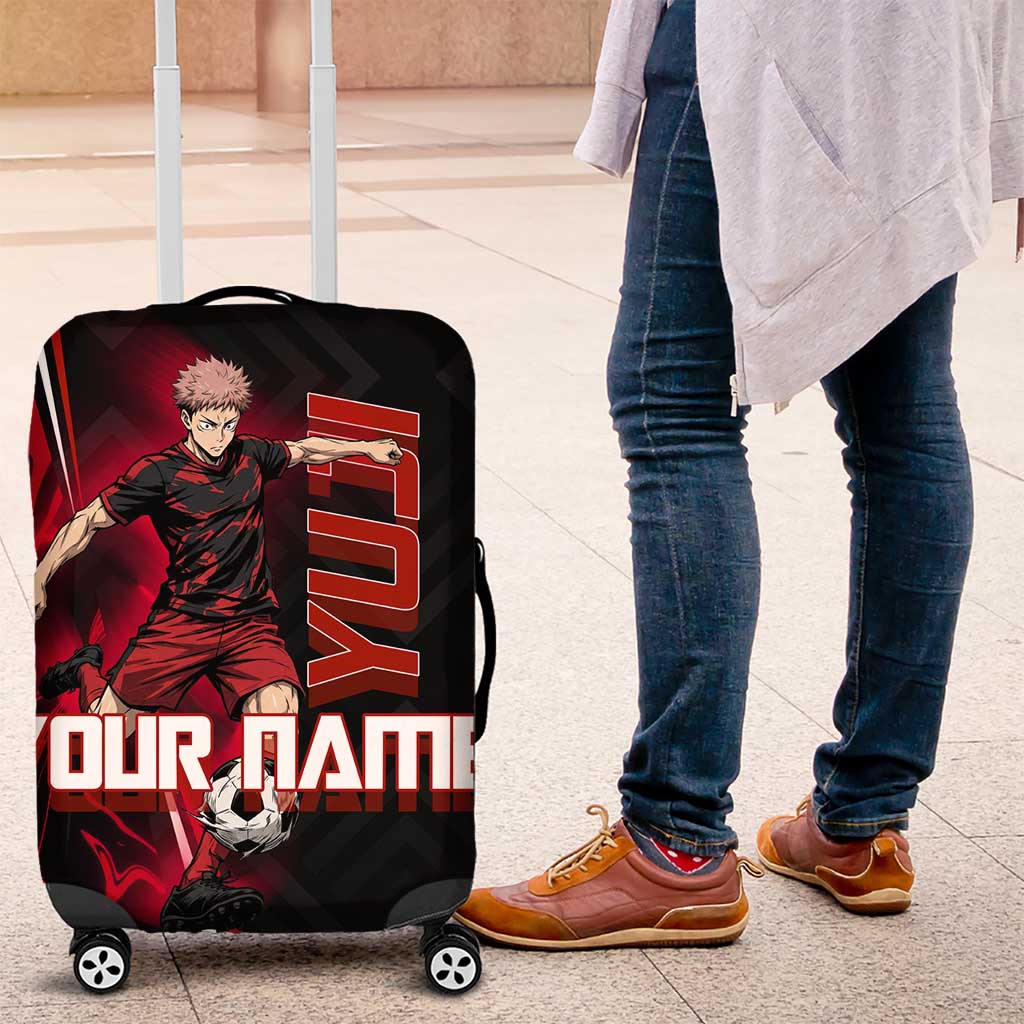 Personalized Yuji Itadori Jujutsu Kaisen Soccer Theme Luggage Cover with Dynamic Kick Pose and Red Black Flame Graphic Design - The Mazicc
