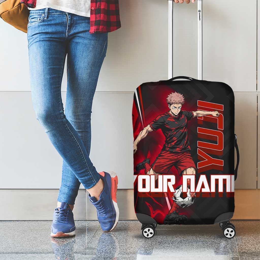 Personalized Yuji Itadori Jujutsu Kaisen Soccer Theme Luggage Cover with Dynamic Kick Pose and Red Black Flame Graphic Design - The Mazicc