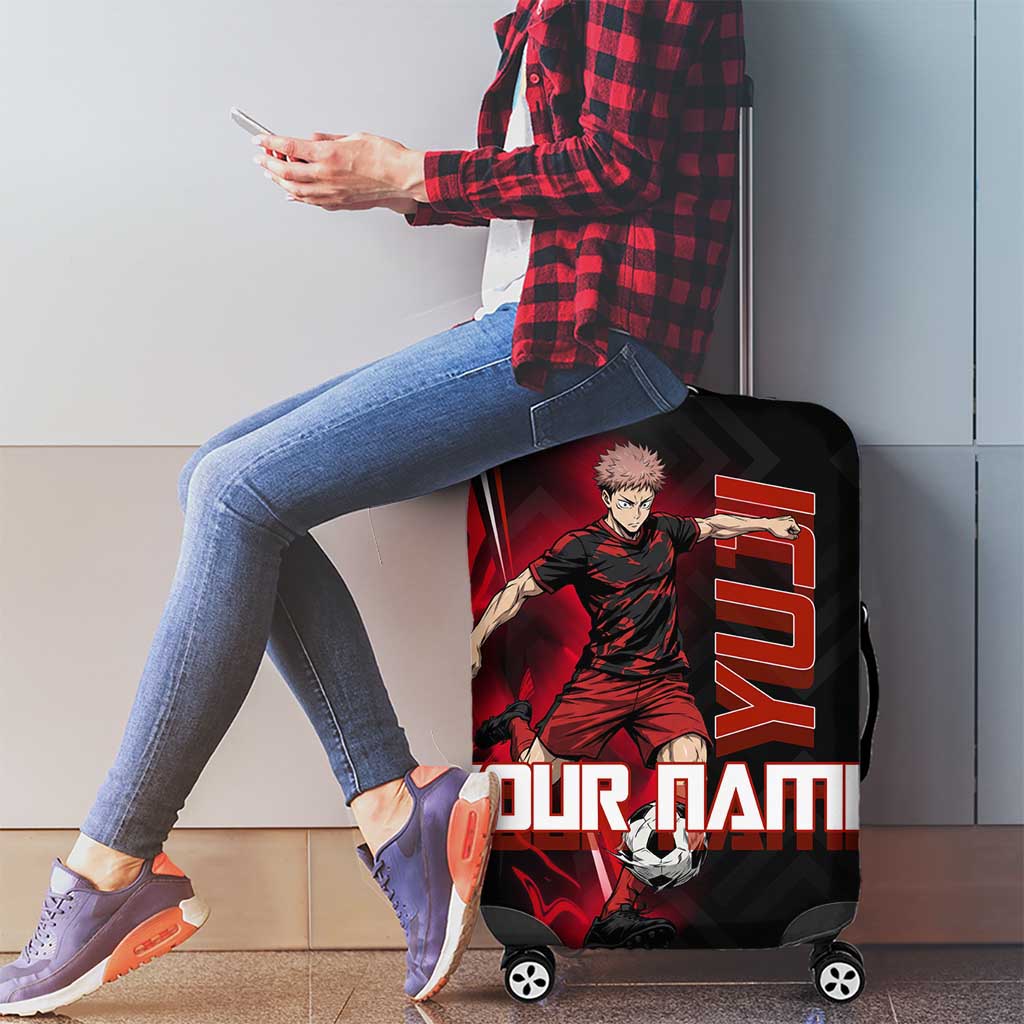 Personalized Yuji Itadori Jujutsu Kaisen Soccer Theme Luggage Cover with Dynamic Kick Pose and Red Black Flame Graphic Design - The Mazicc