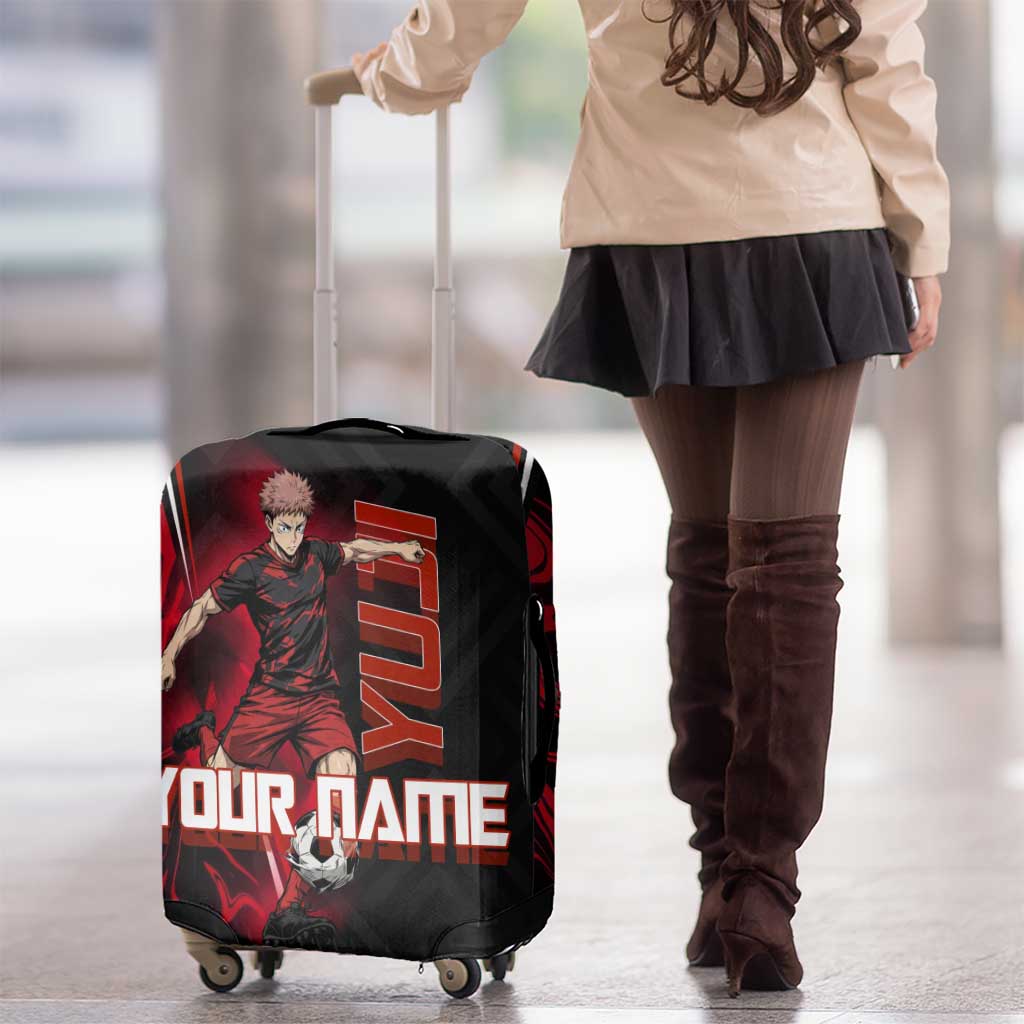 Personalized Yuji Itadori Jujutsu Kaisen Soccer Theme Luggage Cover with Dynamic Kick Pose and Red Black Flame Graphic Design - The Mazicc