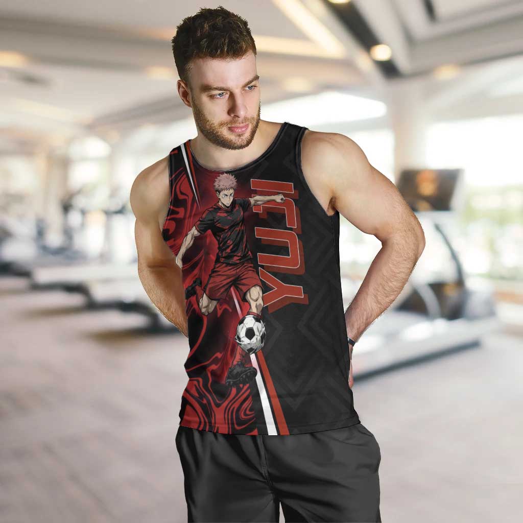 Personalized Yuji Itadori Jujutsu Kaisen Soccer Theme Men Tank Top with Dynamic Kick Pose and Red Black Flame Graphic Design - The Mazicc