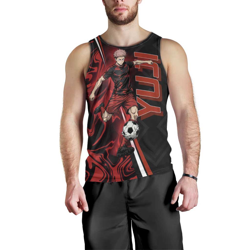 Personalized Yuji Itadori Jujutsu Kaisen Soccer Theme Men Tank Top with Dynamic Kick Pose and Red Black Flame Graphic Design - The Mazicc