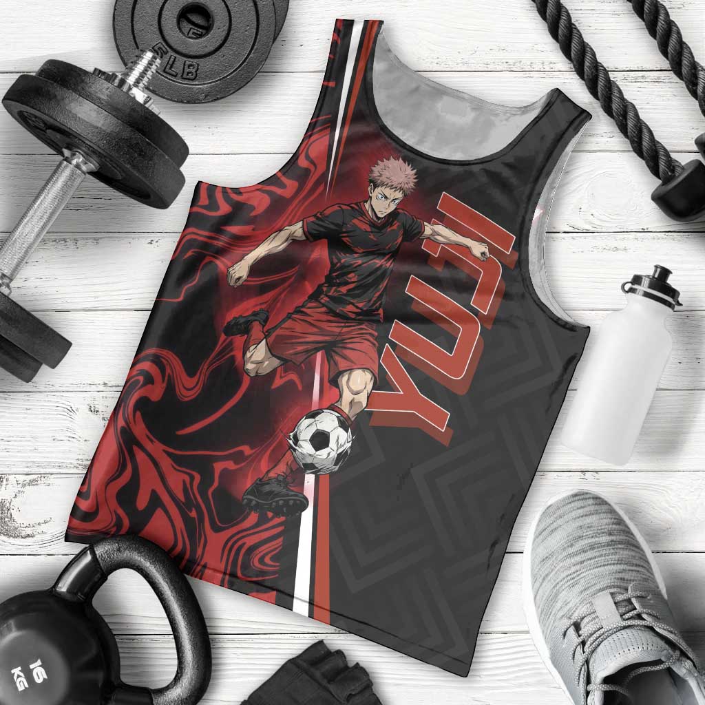 Personalized Yuji Itadori Jujutsu Kaisen Soccer Theme Men Tank Top with Dynamic Kick Pose and Red Black Flame Graphic Design - The Mazicc