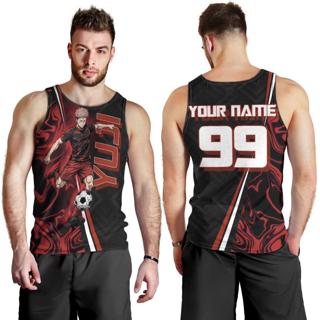 Personalized Yuji Itadori Jujutsu Kaisen Soccer Theme Men Tank Top with Dynamic Kick Pose and Red Black Flame Graphic Design - The Mazicc