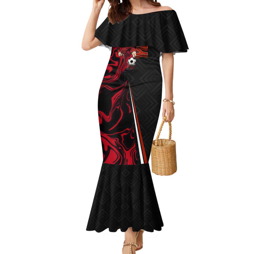 Personalized Yuji Itadori Jujutsu Kaisen Soccer Theme Mermaid Dress with Dynamic Kick Pose and Red Black Flame Graphic Design - The Mazicc