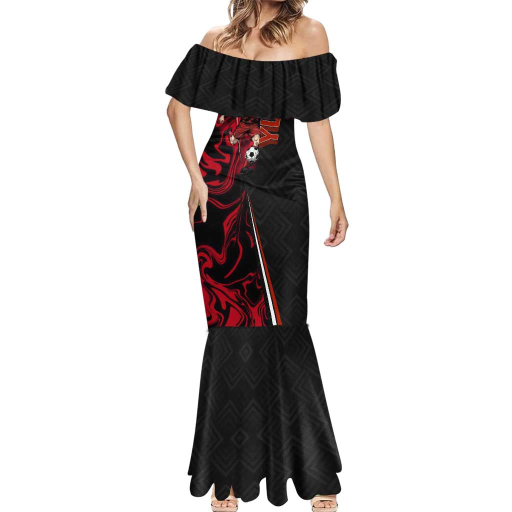 Personalized Yuji Itadori Jujutsu Kaisen Soccer Theme Mermaid Dress with Dynamic Kick Pose and Red Black Flame Graphic Design - The Mazicc