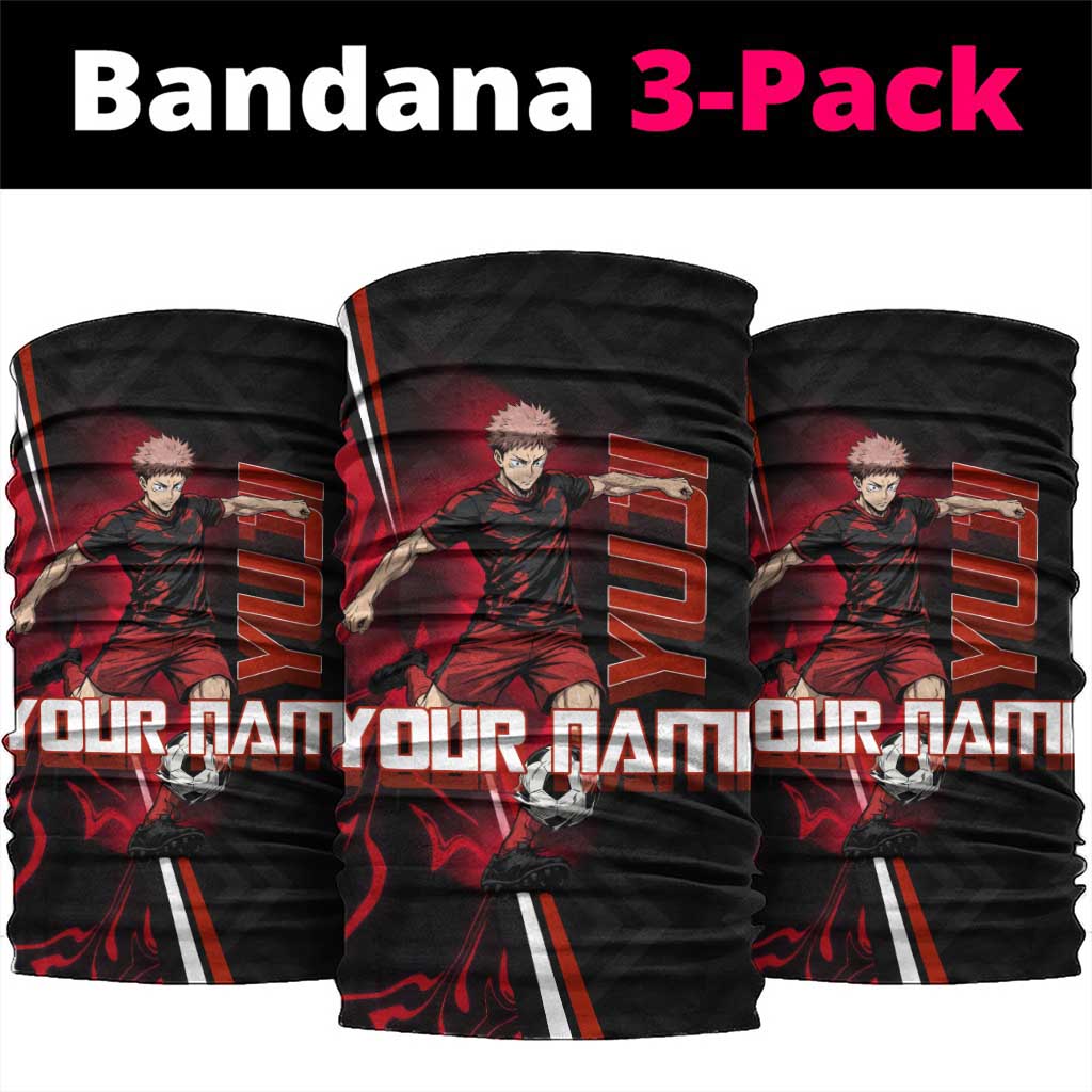 Personalized Yuji Itadori Jujutsu Kaisen Soccer Theme Neck Gaiter with Dynamic Kick Pose and Red Black Flame Graphic Design - The Mazicc