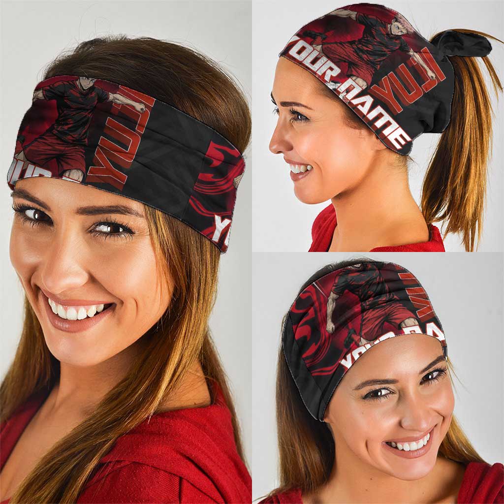Personalized Yuji Itadori Jujutsu Kaisen Soccer Theme Neck Gaiter with Dynamic Kick Pose and Red Black Flame Graphic Design - The Mazicc