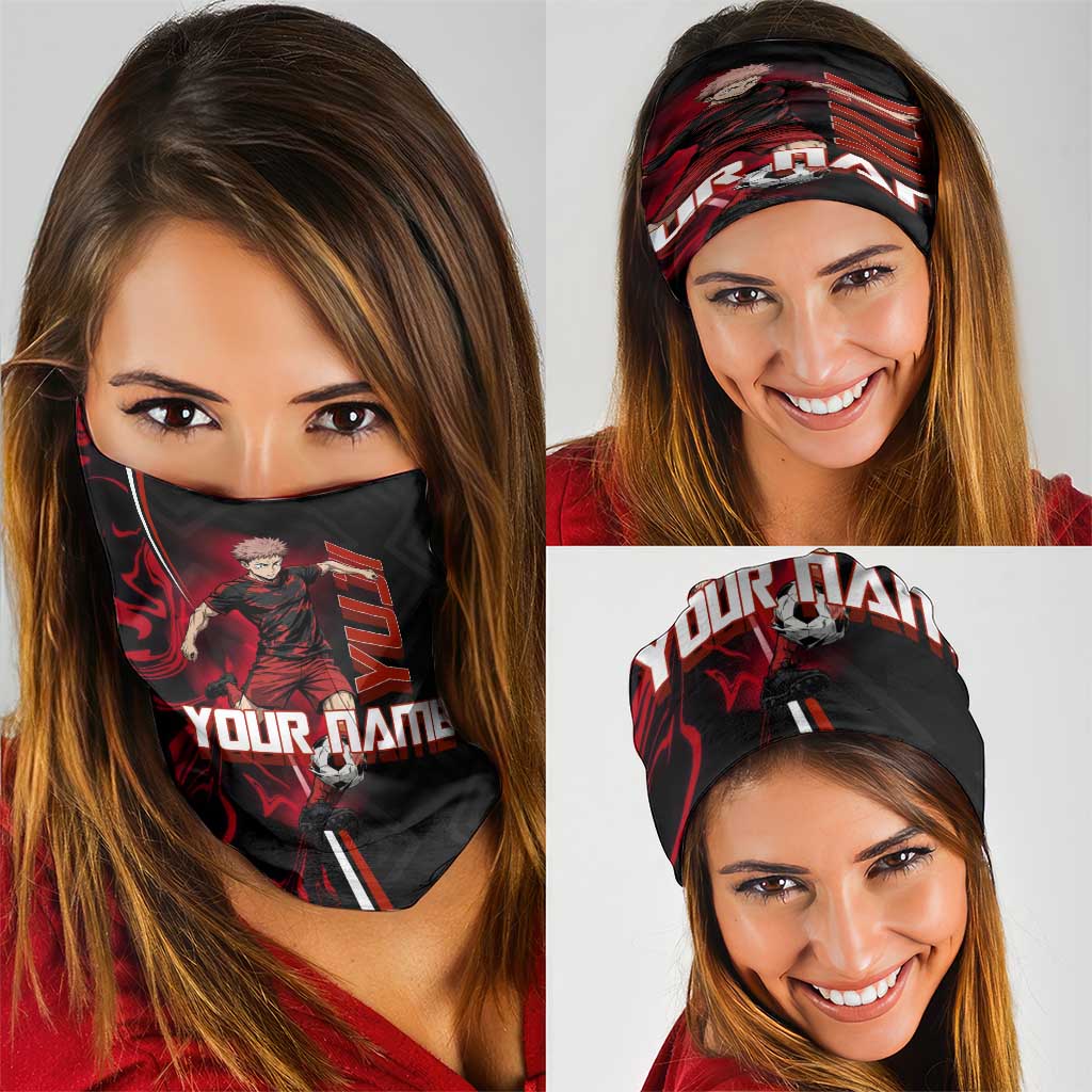Personalized Yuji Itadori Jujutsu Kaisen Soccer Theme Neck Gaiter with Dynamic Kick Pose and Red Black Flame Graphic Design - The Mazicc
