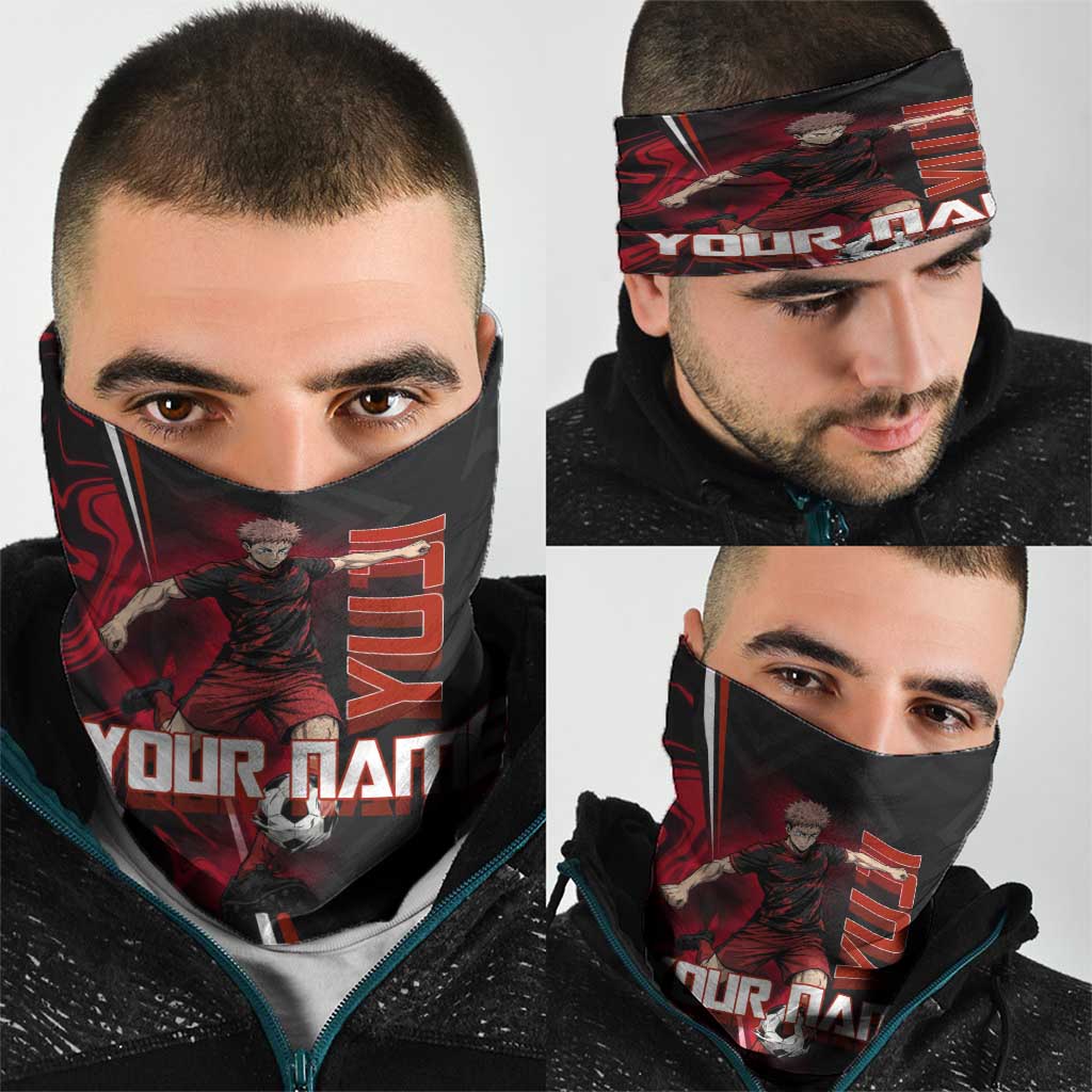 Personalized Yuji Itadori Jujutsu Kaisen Soccer Theme Neck Gaiter with Dynamic Kick Pose and Red Black Flame Graphic Design - The Mazicc