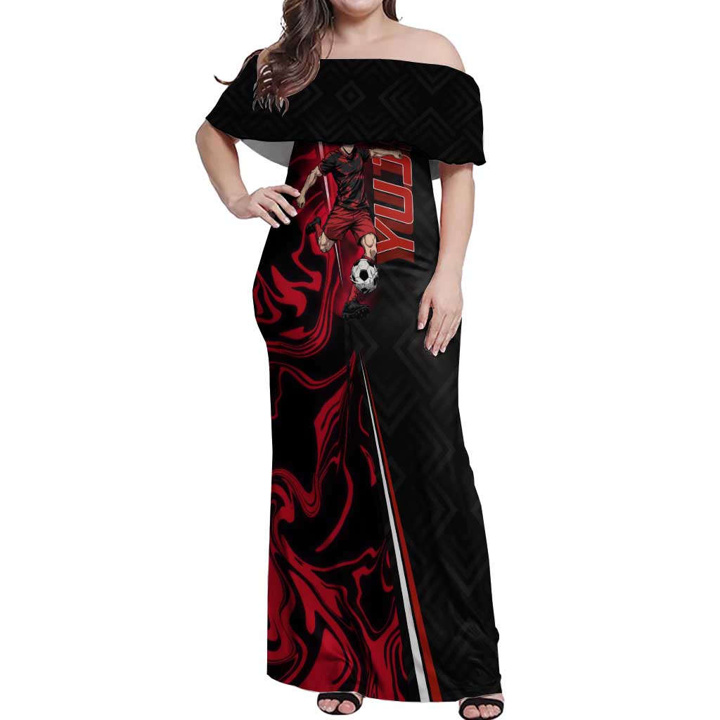 Personalized Yuji Itadori Jujutsu Kaisen Soccer Theme Off Shoulder Maxi Dress with Dynamic Kick Pose and Red Black Flame Graphic Design - The Mazicc
