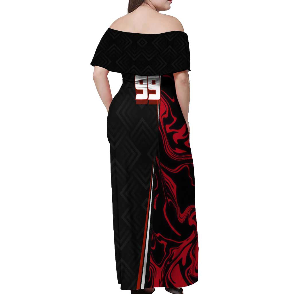 Personalized Yuji Itadori Jujutsu Kaisen Soccer Theme Off Shoulder Maxi Dress with Dynamic Kick Pose and Red Black Flame Graphic Design - The Mazicc